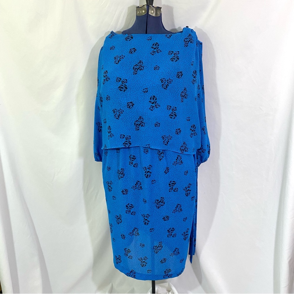Vintage 80’s Blue Rose Midi Dress Large